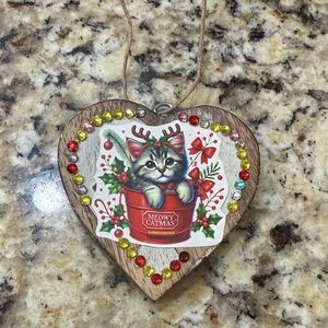 Heart-Shaped Cat Christmas Ornament sparkle wood custom one of a kind